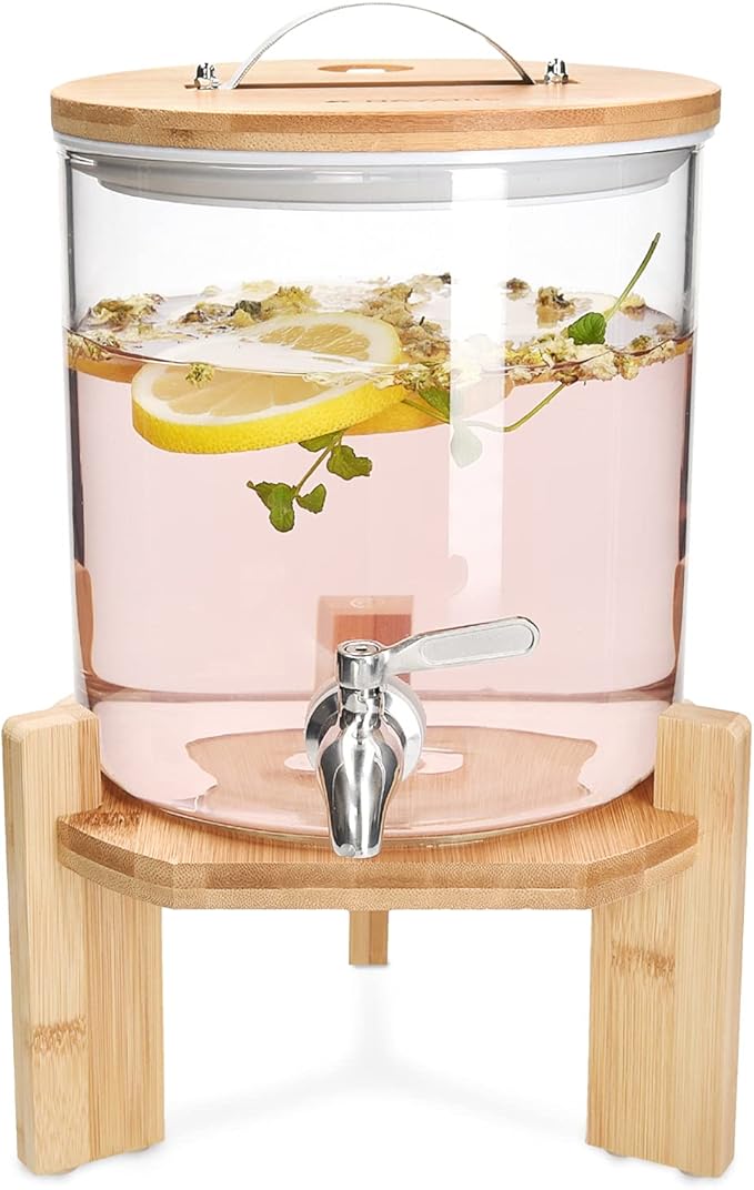 Navaris Beverage Dispenser with Stand - 1.3 Gallon (5L) Glass Drink Dispenser with Spigot, Lid, Wood Stand for Hot or Cold Drinks, Ice Water, Parties