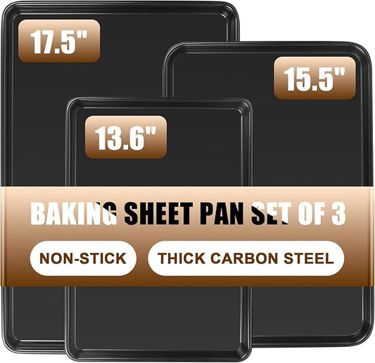 Baking Sheet Pan Set of 3, Commercial Cookie Sheets for Baking, Nonstick Half/Quarter/Jelly Roll Pans Replacement Toaster Oven Tray, Heavy Duty & Easy Clean, Dark Black by Deedro