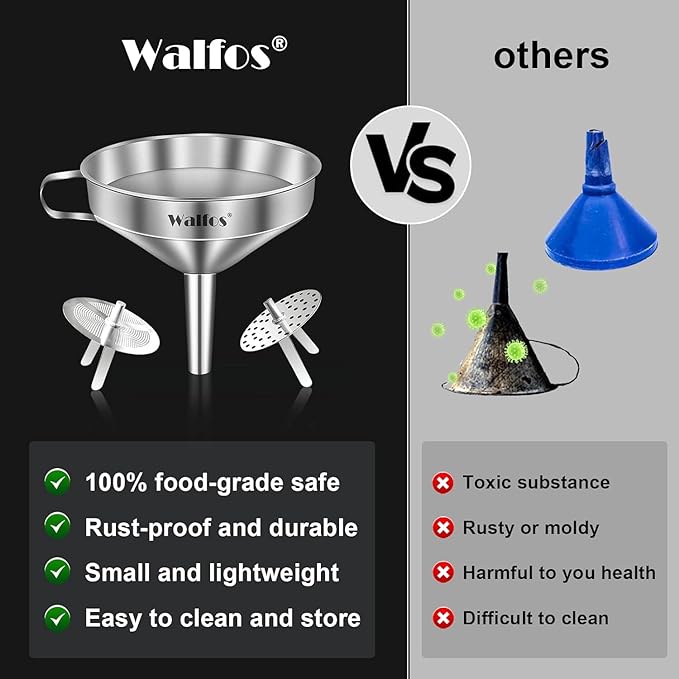 Walfos Extra Large Stainless Steel Funnel with Venting Slot, Kitchen Funnel with 2 Removable Strainer ＆ 1Pc Cleaning Brush, Perfect for Transferring Liquid, Oils, Jam, Dry Ingredients (Jumbo, 7.9") - Image 5