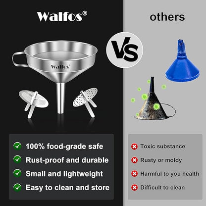 Walfos Extra Large Stainless Steel Funnel with Venting Slot, Kitchen Funnel with 2 Removable Strainer ＆ 1Pc Cleaning Brush, Perfect for Transferring Liquid, Oils, Jam, Dry Ingredients (Jumbo, 7.9") - Image 5