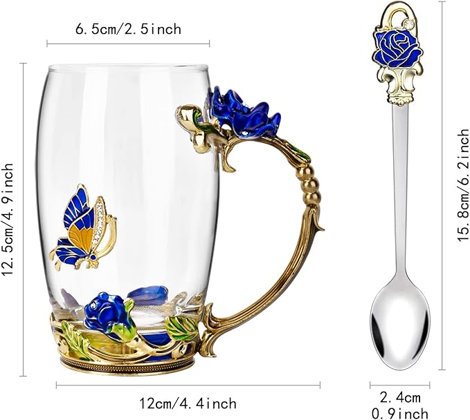 OEAGO Gifts for Mom Women Mothers Day Glass Coffee Enamels Mug Best Birthday Butterfly Rose Gifts for Her from Daughter Son Lead-Free Christmas Blue Tea Cup with Spoon Set - Image 2