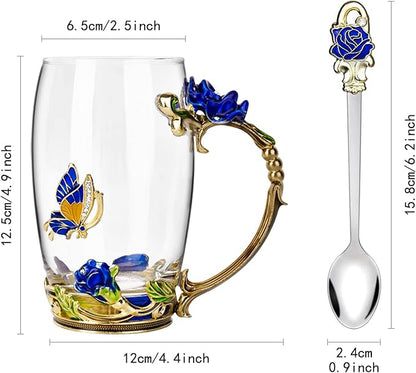 OEAGO Gifts for Mom Women Mothers Day Glass Coffee Enamels Mug Best Birthday Butterfly Rose Gifts for Her from Daughter Son Lead-Free Christmas Blue Tea Cup with Spoon Set - Image 2
