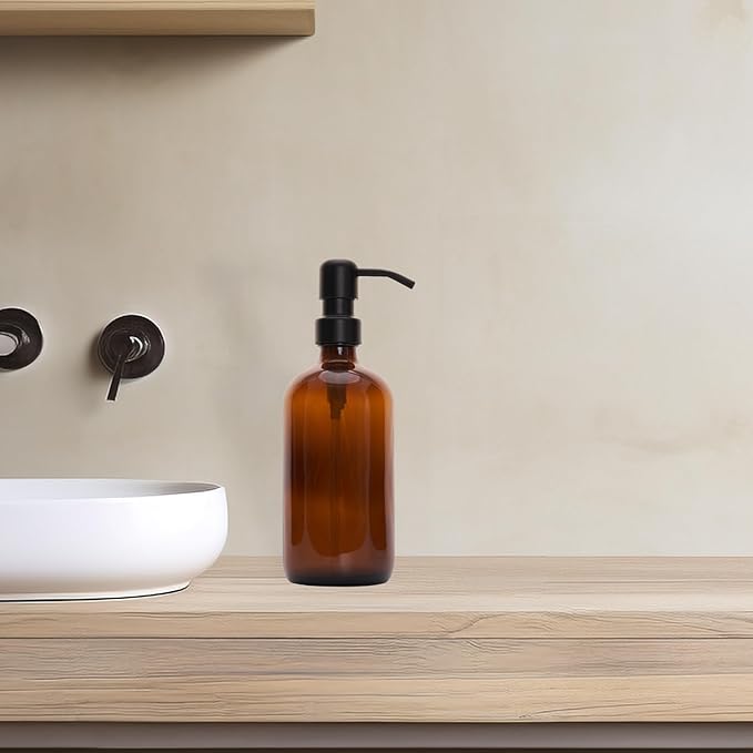 Diahom Soap Dispenser Amber Glass Hand Dish Soap Dispensers 1pcs Stainless Steel Pump 16 Oz for Kitchen Sink Countertop Bathroom - Image 3