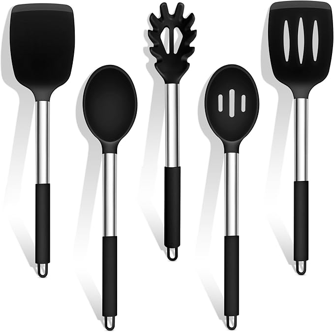 TeamFar Cooking Utensils Set, 5 PCS Silicone Kitchen Utensils with Stainless Steel Handle, for Nonstick Cookware Flipping Frying Turning Draining, Heatproof & Healthy, Nonstick & Easy Clean, Black by TeamFar