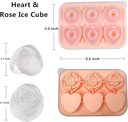 Rose Ice Cube Mold, Heart Shapes Ice Cube Tray, Silicone Ice Mold Fun Shapes with Clear Funnel-type Lid, 3 Heart & 3 Rose Ice Balls for Chilling Whiskey Cocktails Drinks, Pink
