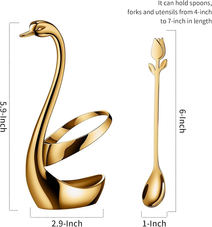 Gold Small Coffee Spoon Holder Set,Swan Base With 12 Pcs Demitasse Espresso Spoons Set,6" Mini Tulip/Rose Dessert Spoon,Stainless Steel Tea Spoons - Image 3