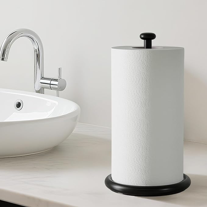 VEHHE Paper Towel Holder Countertop with Weighted Base, One-Handed Tear Paper Towel Holder with Damping Function and EVA Non-Slip Pad for Bathroom and Kitchen (Black) - Image 8