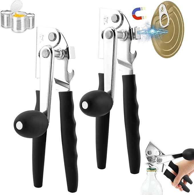 2 PCS Commercial Can Opener Manual, Stainless Steel Handheld Can Opener with Folding Easy Crank Handle Save Effort Large Ca-n Opene-r Smooth Edge for Seniors Chef