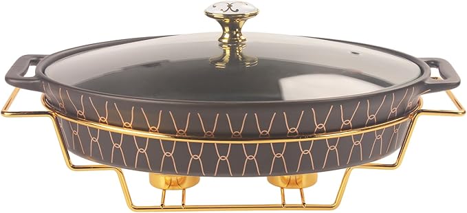 10" x 7" Ceramic Oval Casserole Dish with Glass Lid and Gold rack, 30 Ounce Serving Soup Tureen,Chafing Dish for Buffet, Family Food preserve Tray, Catering Casserole for Party Style, Black