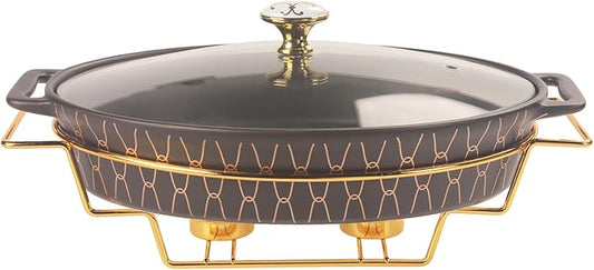 11" x 7.5" Ceramic Oval Casserole Dish with Glass Lid and rack, 40 OZ Serving Soup Tureen,Chafing Dish for Buffet, Family Food preserve Tray, Catering Casserole for Party Style, Black
