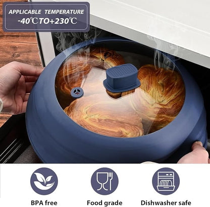 Tall Microwave Splatter Cover Glass Cover Guard Lid 5.8 inch Height with Collapsible Silicone for Food Pot Plate 10.8 inch Dark Blue