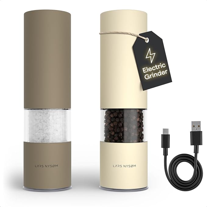 LARS NYSØM Electric Salt and Pepper Grinder Set I Automatic Salt and Pepper Mills with Adjustable Ceramic Grinder I USB Rechargeable Electric Spice Mill Set with LED Light (Brown/Beige) by LN