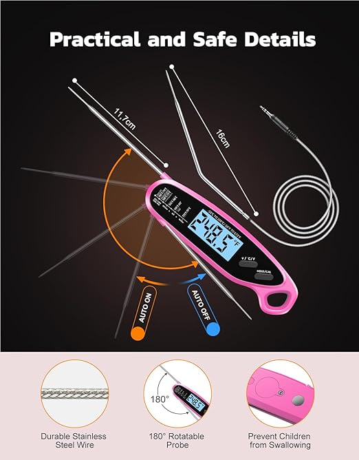 Instant Read Meat Thermometer Digital with Dual Probe & Large Backlit, Food Thermometer for Cooking & Grilling, for Candy/Baking/Oven/BBQ/Grill/Smoker, Pink Kitchen Accessories, Gifts for Mom - Image 4