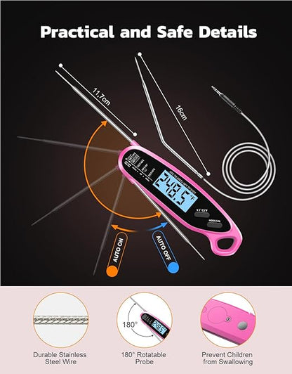 Instant Read Meat Thermometer Digital with Dual Probe & Large Backlit, Food Thermometer for Cooking & Grilling, for Candy/Baking/Oven/BBQ/Grill/Smoker, Pink Kitchen Accessories, Gifts for Mom - Image 4