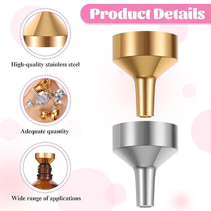 8 Pcs Small Metal Funnels 4 Sizes Gold Silver Mini Funnel with 2 Mini Pipette for Filling Perfume, Essential Oil Bottles