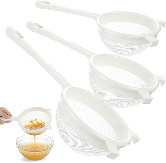 3PCS Plastic Nylon Strainer Set, 3 Sizes Ultra Fine Mesh Strainer for Juicing Kefir Grains Yogurt and More, Food-Grade Nylon Mesh Colander with Handle for DIY Crafts Baking Stuff