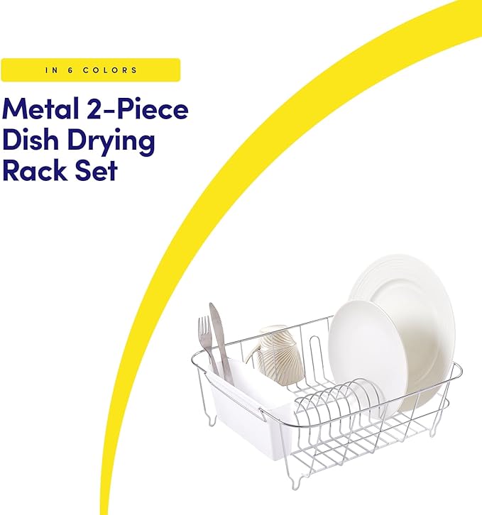 Sweet Home Collection Metal 2 Piece Dish Drying Rack Set Drainer with Utensil Holder Simple Easy to Use Fits in Most Sinks, 14.5" x 13" x 5.25", White - Image 2