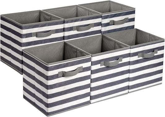 Amazon Basics Collapsible Fabric Storage Bins with Handles, Cube Organizer for Home Organization, 10.5"x10.5"x11", White/Light Grey Stripe, 6-Pack by AmazonBasics