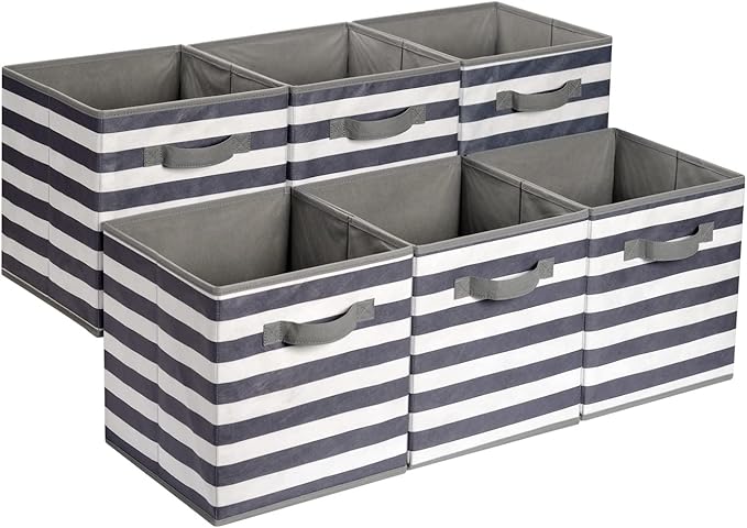 Amazon Basics Collapsible Fabric Storage Bins with Handles, Cube Organizer for Organizing, 13"x13"x13", White/Light Grey Stripe, 6-Pack by AmazonBasics