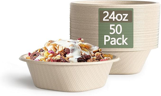 Homestockplus [50 Pack] 24 Oz Disposable Paper Bowls - Heavy Duty Disposable Bowls - Made from Natural Bagasse for Cereal, Rice, French Fries - Convenient and Compostable by Homestockplus