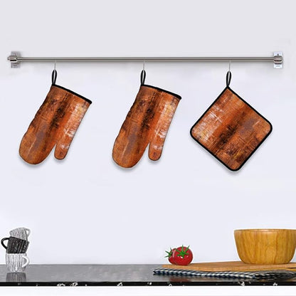 LOKMU Oven Mitts and Pot Holders Set of 3, Burnt Orange Abstract Art Heat Resistant Kitchen Gloves Hot Pads for Cooking Baking BBQ, Kitchen Decor Gifts for Cooking Lover Cooks