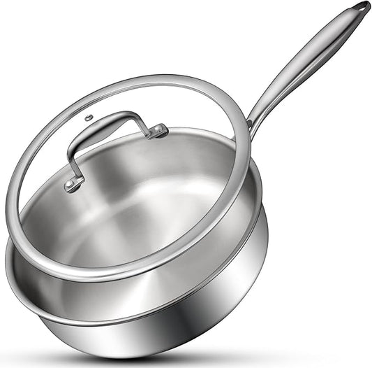 EWFEN Tri-Ply Stainless Steel Frying Pan 3QT, 10 Inch Deep Frying Pan with lids, Skillet, Induction Cooking Pan, Dishwasher and Oven Safe, Fast & Even Heat, Heavy Duty and Detachable Handle by EWFEN