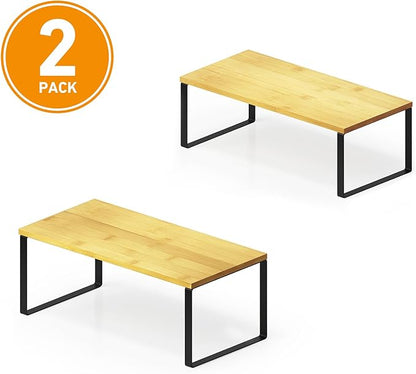 SpaceAid Cabinet Shelf Organizers 2 Pack, Kitchen Counter Rack Shelves Riser, Stackable Expandable Spice Rack, Pantry Cupboard Storage Organization (Black and Natural, Long) - Image 7
