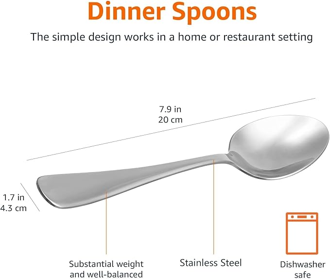 Amazon Basics Stainless Steel Dishwasher Safe Dinner Spoons with Round Edge, Large Tablespoons, 7.9 inches, 120 Count Total, Silver, 10-Pack of 12 - Image 5