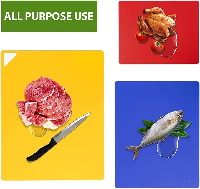 WK Flexible Plastic Cutting Boards for Kitchen Set of 3, Non slip Cutting Mats, Colorful Thin Cutting Sheets for Meat, BPA Free, Dishwasher Safe - Image 4