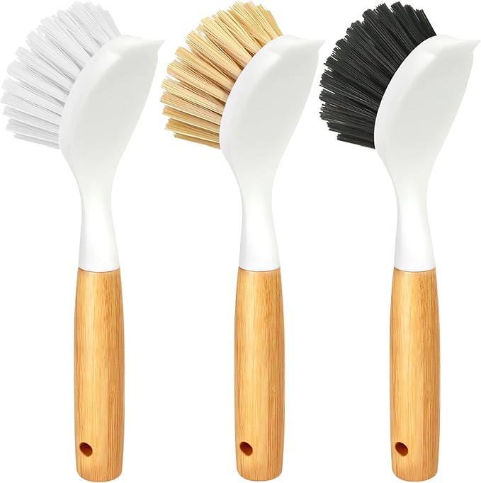 Holikme 3 Pack Dish Brush Set with Bamboo Handle, Kitchen Brushes for Cleaning Pot, Sink and Stove, Skillet Scrubber with Tough Bristles for Cast Iron Grill Pan, Yellow White Black by Holikme