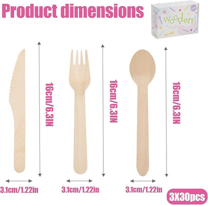 Wooden Utensils Set - Disposable Cutlery Set 300 Pieces (120 Forks 120 Spoons 60 Knives) Wooden Compostable Utensils Cutlery Combo Set- Eco-Friendly Biodegradable Utensils for Party