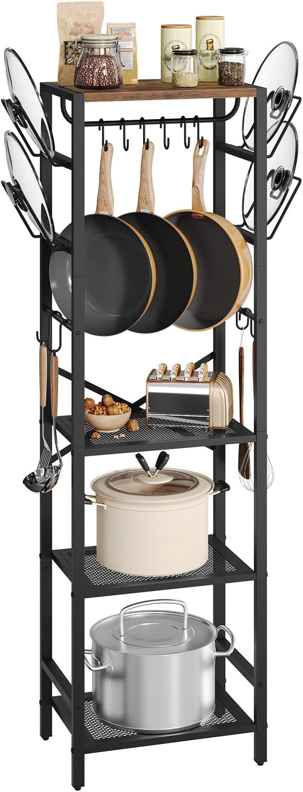 MAHANCRIS 4-Tier Pot Rack, Pots and Pans Organizer for Kitchen, Lid Organizer Rack with U-Shaped Lid Holders, Kitchen Storage Shelf for Standing Cookware, Rustic Brown and Black POHR3001 by MAHANCRIS