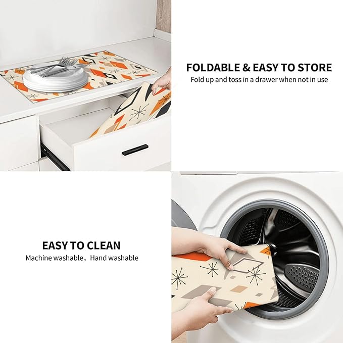 Retro Geometric Pattern Dish Drying Mat For Kitchen Counter Absorbent Large Kitchen Fast Dry Pad Reusable Washable Protector Rack Large Mat 18 X 24