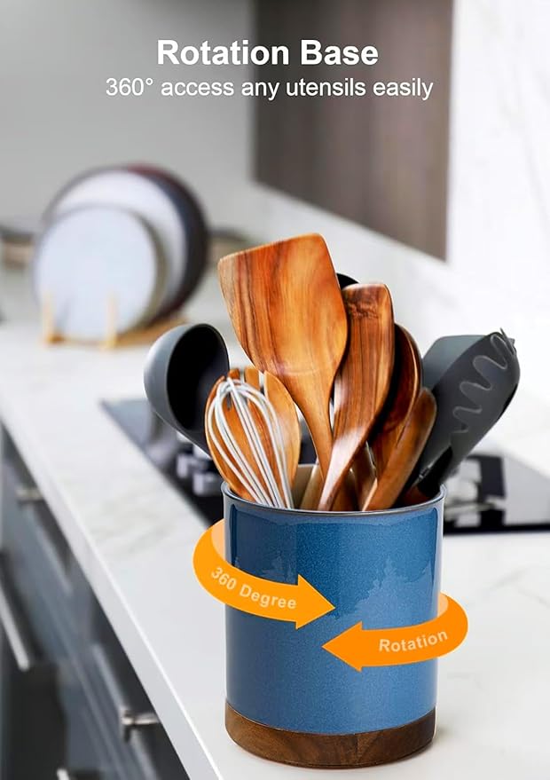 Nucookery 360°Rotating Utensil Holder, 7.2" Large Utensil Crock, White Ceramic Cooking Utensil Organizer,Farmhouse Kitchen Decor Christmas Thanksgiving Gift (Royal blue) - Image 5