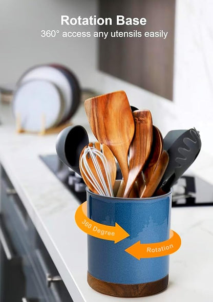Nucookery 360°Rotating Utensil Holder, 7.2" Large Utensil Crock, White Ceramic Cooking Utensil Organizer,Farmhouse Kitchen Decor Christmas Thanksgiving Gift (Royal blue) - Image 5