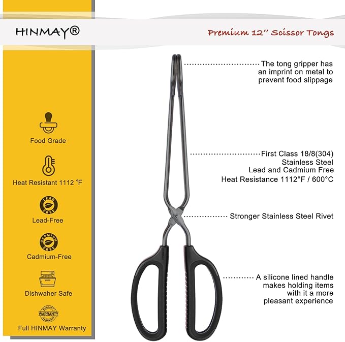 HINMAY 12" Stainless Steel Scissor Tongs with Comfort-Grip Handle (Black) - Image 2