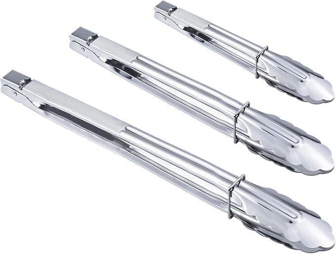HINMAY Stainless Steel Spring Locking Food Tong Set Utility Metal Tongs for Serving Cooking Grilling and Barbeque (9 12 14 Inch 3 Pieces) by HINMAY
