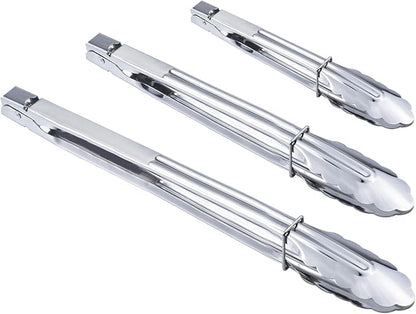 HINMAY Stainless Steel Spring Locking Food Tong Set Utility Metal Tongs for Serving Cooking Grilling and Barbeque (9 12 14 Inch 3 Pieces) by HINMAY
