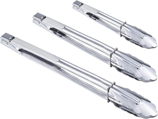 HINMAY Stainless Steel Spring Locking Food Tong Set Utility Metal Tongs for Serving Cooking Grilling and Barbeque (9 12 14 Inch 3 Pieces) by HINMAY