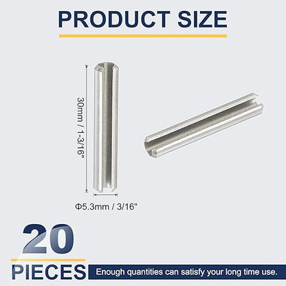 PATIKIL Slotted Spring Pin, 20 Pcs 3/16" x 1-3/16" (5.3mm x 30mm) 304 Stainless Steel Split Roll Pins Spring Dowel for Home Improvement Automotive Machine Repair, Silver