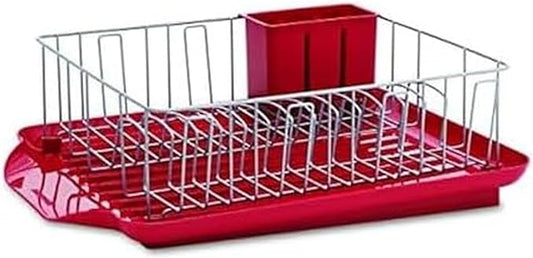 Farberware Classic Large Rust Resistant Full Dishrack with Removable 3 Compartment Flatware Caddy, Andlged Drain Board, 3-Piece, Red by Farberware