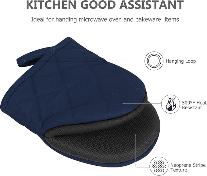 1 Pair Short Oven Mitts - Silicone Kitchen Oven Gloves High Heat Resistant 500℉, Mini Oven Mits with Non-Slip Grip Surfaces and Hanging Loop for BBQ, Baking, Cooking and Grilling (Dark Blue) - Image 4