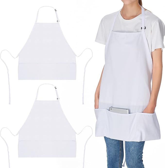 Jubatus 2 Pack 3 Pockets Adjustable Bib Apron Chef Kitchen Cooking Aprons for Women Men, White by Jubatus