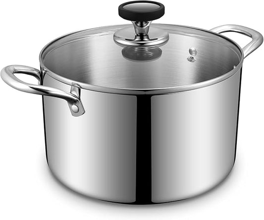 Tri-Ply Stainless Steel Stock Pot, 6.5 Quart Heavy Duty Induction Cooking Pot with Visible Lid for Pasta, Soup, Spaghetti, Sturdy & Double Handle, Dishwasher Safe by EWFEN