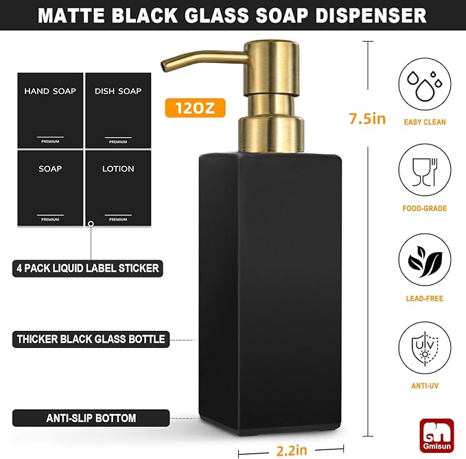 GMISUN Gold Soap Dispenser, Black Soap Dispenser Bathroom with Stainless Steel Pump, Hand and Dish Soap Dispensers Set for Kitchen, 12 fl oz/350ml Glass Liquid Refillable Lotion Dispenser Bottle - Image 2