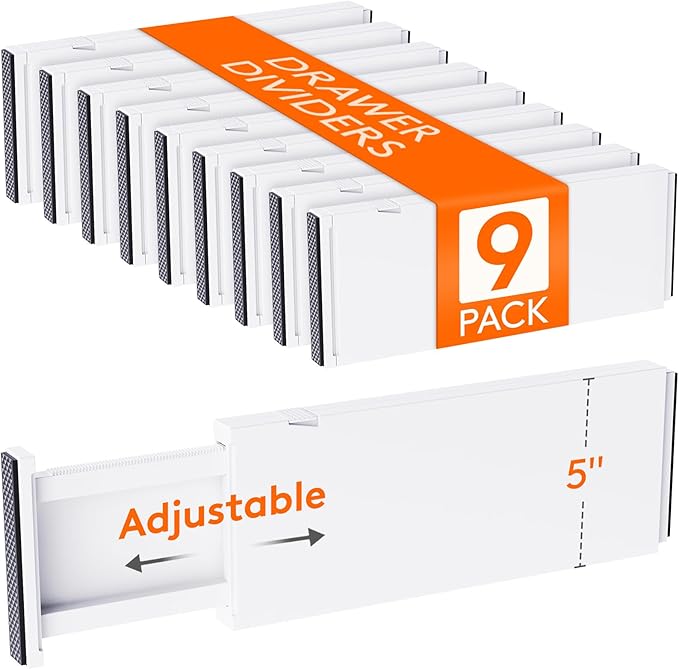 Lifewit 9 Pack 5" High Drawer Dividers 34-56cm/13.5-22" Adjustable Drawer Organizer for Clothes/Utensils, Expandable Drawer Separator in Dresser/Kitchen/Bedroom/Office Organization & Storage White by Lifewit