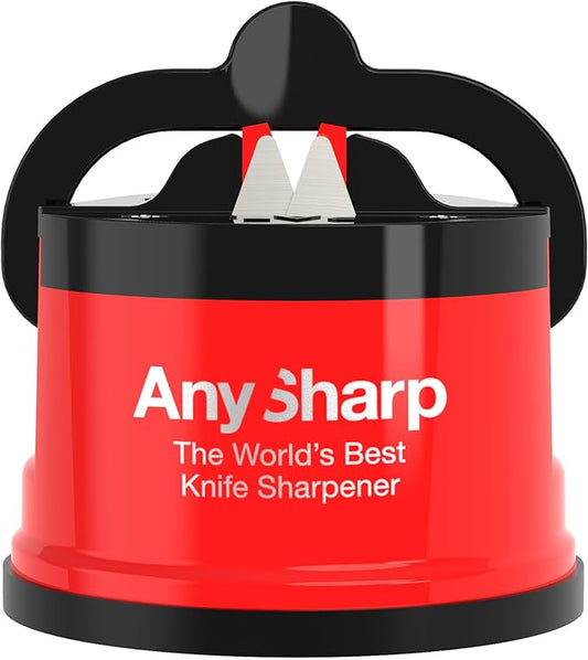 AnySharp – Editions – Hands Free Knife Sharpener - Easy to Use Sharpening Tool with PowerGrip Suction Base and 20-Degree Pre-Set Angle - for All Knives: Chef's, Serrated, and Hardened Steel - Red by AnySharp