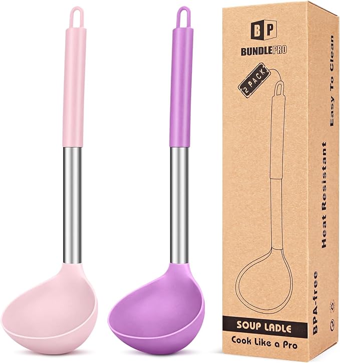 Pack of 2 Ladle Spoon,Silicone Large Spoon for Soup,Non Stick Kitchen Utensils with High Heat Resistant,BPA Free Perfect Kitchen Tools for Cooking, Stirring,Serving Soups (PINK-PURPLE) by BUNDLEPRO