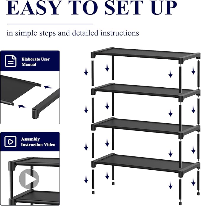 Kitsure Shoe Rack - Non-Woven Shoe Rack Shelf, Shoe Organizer for Closet, Entryway, Garage & Corridor, Stackable Shoe Shelves, X-Large, Black - Image 4