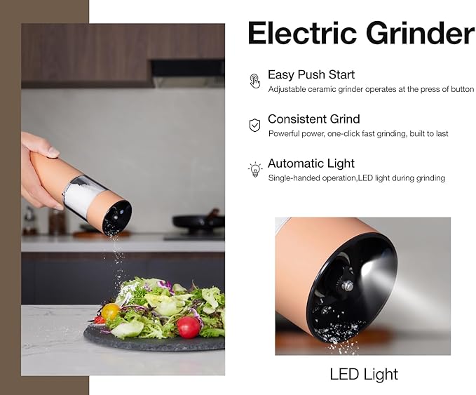 Electric Pepper Grinder and Salt Mill Set - Large Capacity USB Rechargeable Automatic Grinder with Dual LED Lights, One-Handed Operation & Slide Cover - Brushed Stainless Steel - Image 2